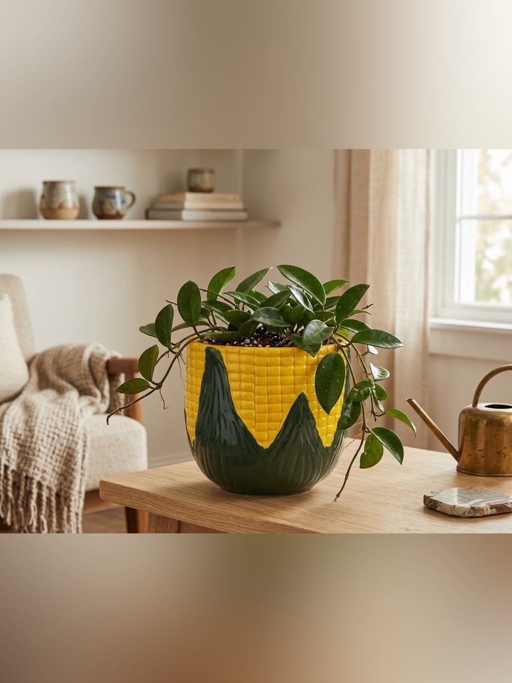 Ceramic Corn Planter - Vintage Style Corn Cob Pot - Yellow and Green Planter